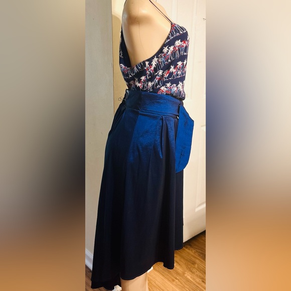 Elegant Royal Blue Low High Pleated Women's Skirt w Front Ties - Picture 2 of 10